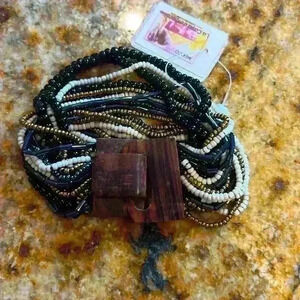 Beautiful Wooden black gold & ivory beaded 7.5" La Casa de Coralie Mexico NWT